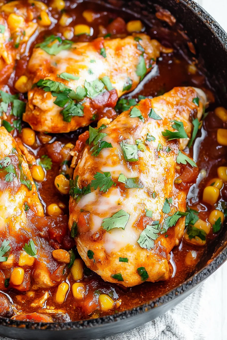 Baked chicken topped with chunky tomatoes, onions, and melted cheese in a casserole dish.