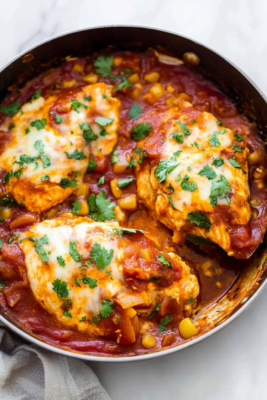 Skillet filled with tender chicken pieces simmered in a bright red sauce.
