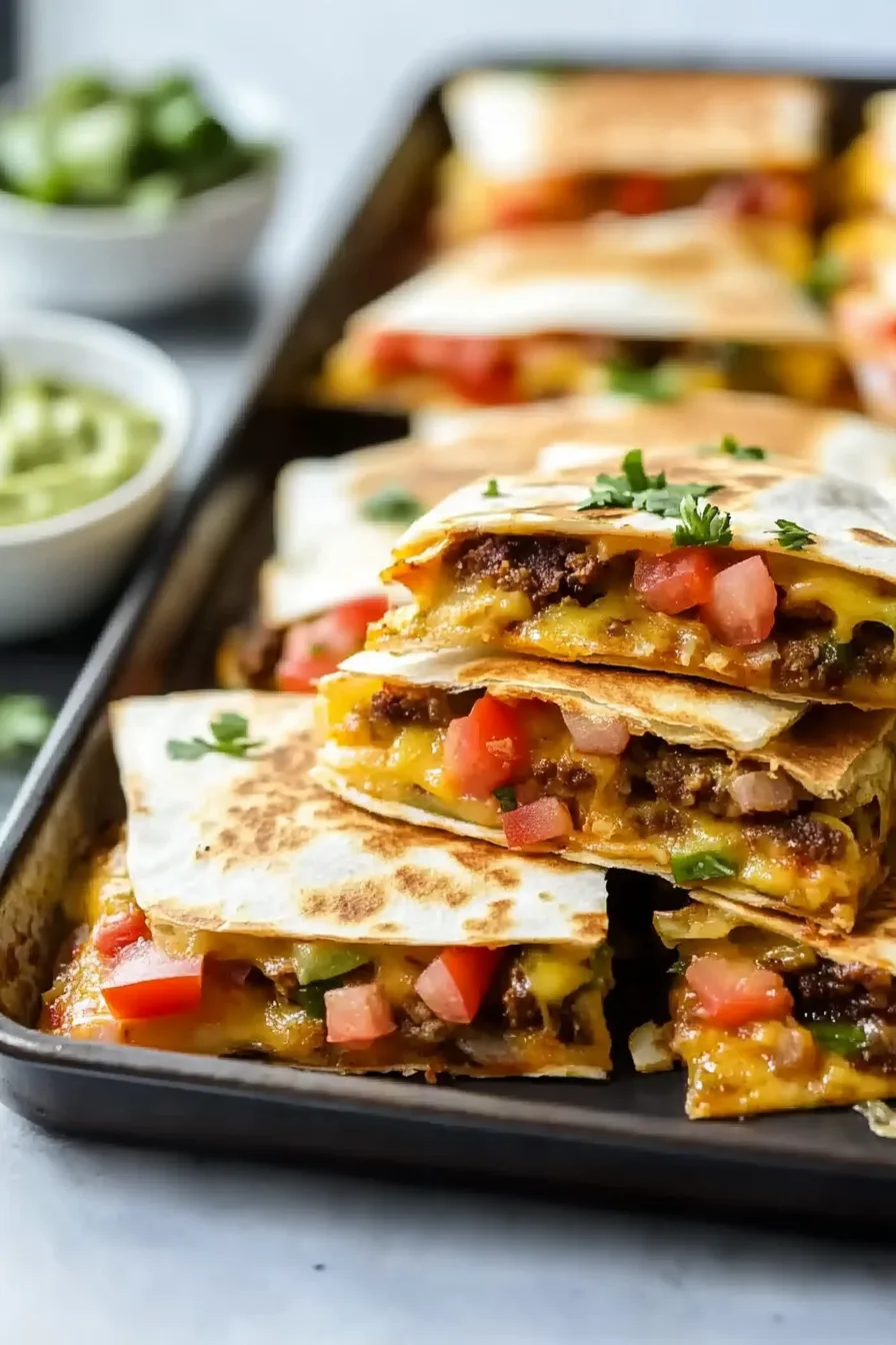 Tray of sliced tortillas stuffed with melted cheese and veggies.