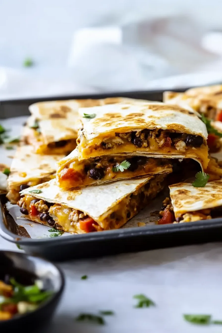 Baked quesadilla pieces with gooey cheese and fresh toppings.