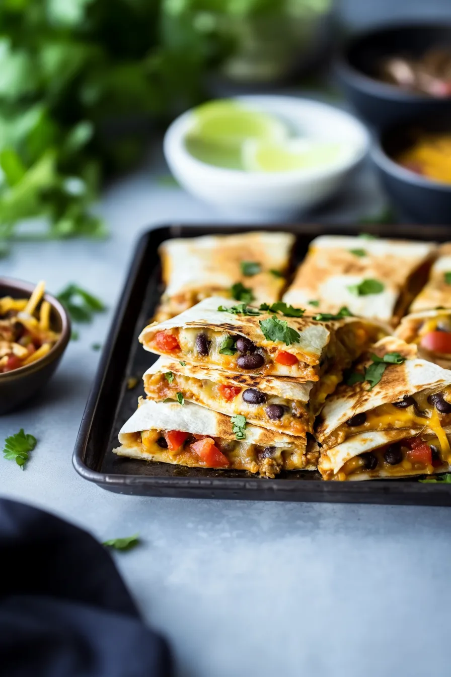 Golden toasted tortillas layered with cheese, beef, and diced tomatoes.