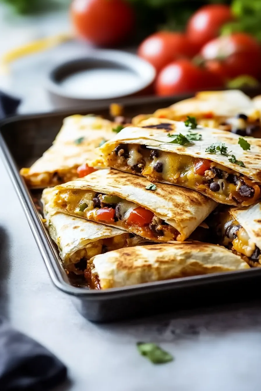 Stack of crispy tortilla wedges filled with melted cheese and seasoned meat.