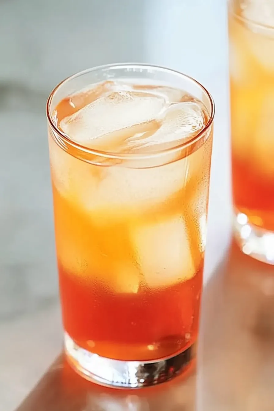 Close-up of a chilled citrus-colored cocktail served over ice in a clear glass.