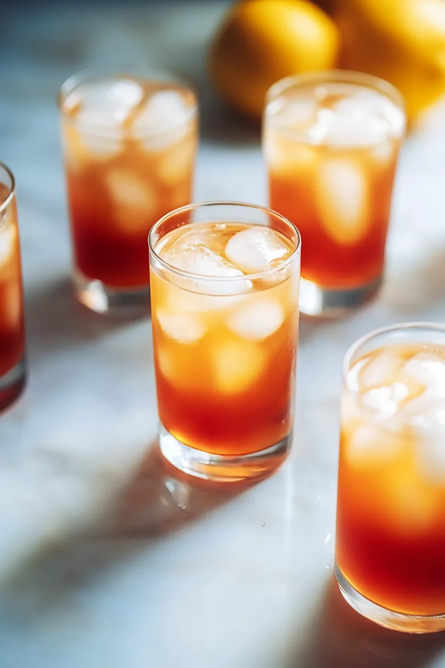 Overhead view of a vibrant orange beverage in a glass filled with ice cubes.