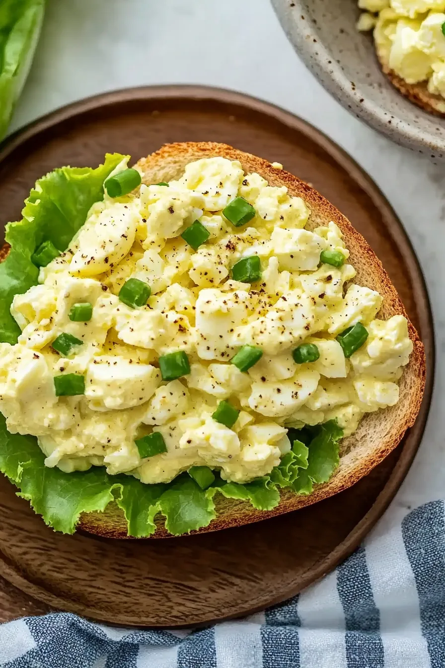 Close-up of a thick, fluffy egg mixture piled on a slice of crusty toast.