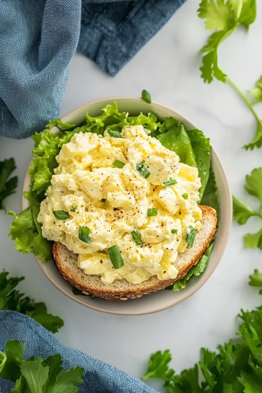 Creamy egg salad served on toasted bread with green peas and fresh herbs.