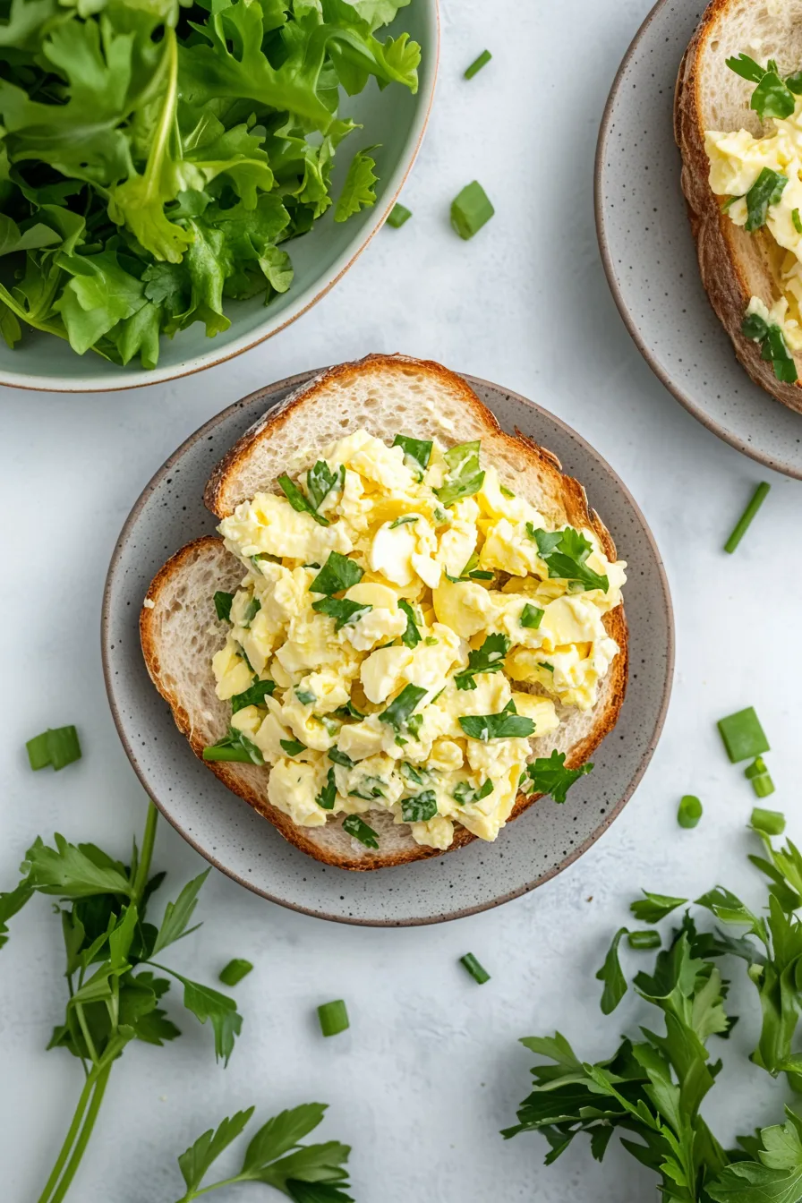 Open-faced egg salad sandwich topped with peas and black pepper.