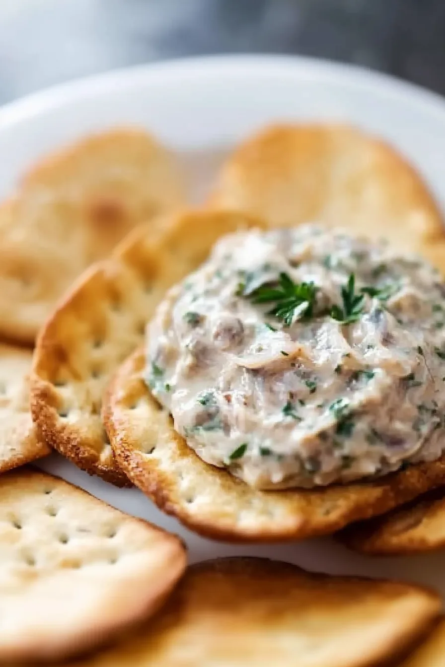 A platter of crisp crackers surrounding a mound of creamy fish spread.