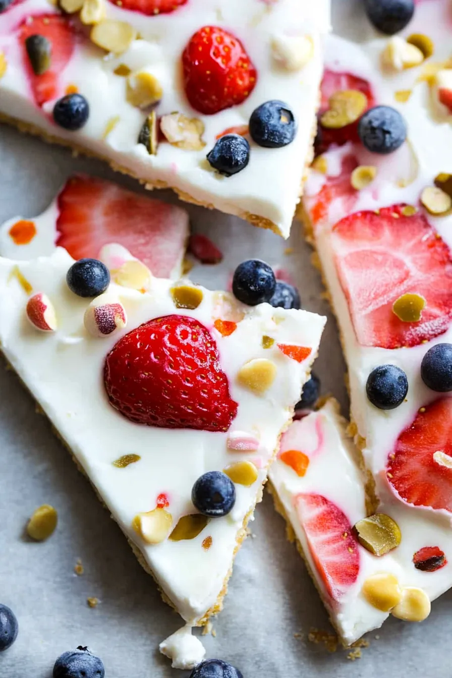 Colorful bark pieces topped with fresh berries and granola.