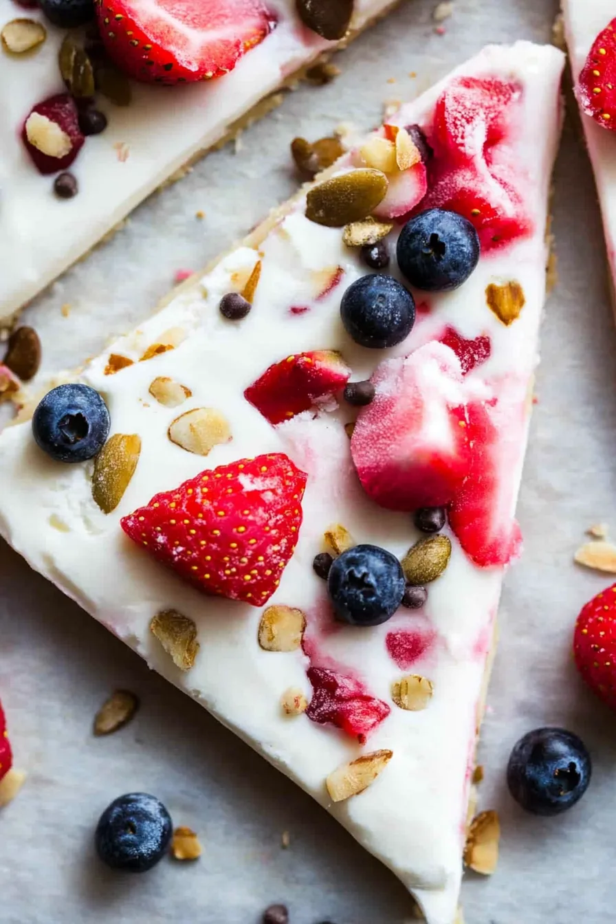Close-up of frozen yogurt squares scattered with fruit and nuts.
