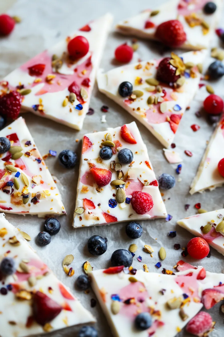 Flat lay of frosty yogurt treats layered with mixed berries and crunchy add-ins.