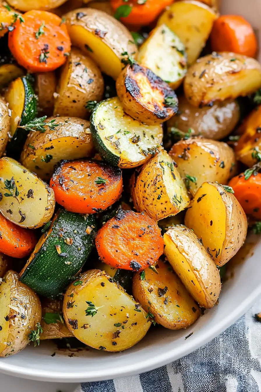 Colorful mix of roasted carrots, potatoes, and zucchini tossed with herbs.