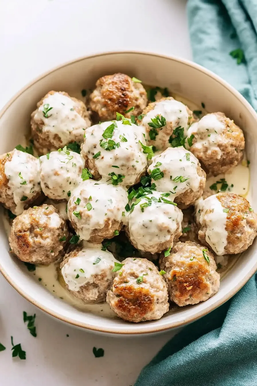 Tender meatballs served over creamy mashed potatoes with white sauce and parsley.