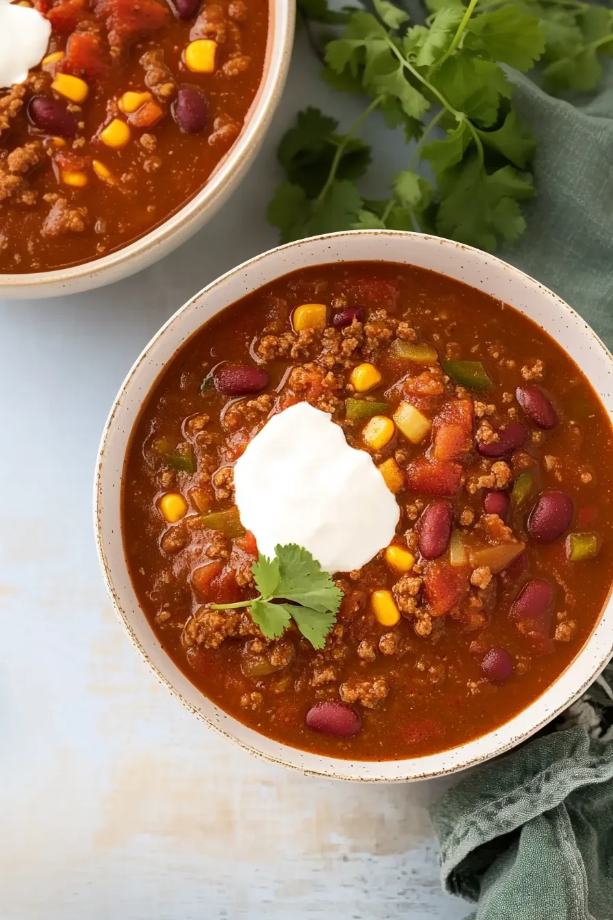 Grandma’s Chili Recipe served in a deep bowl with fresh herbs sprinkled on top.