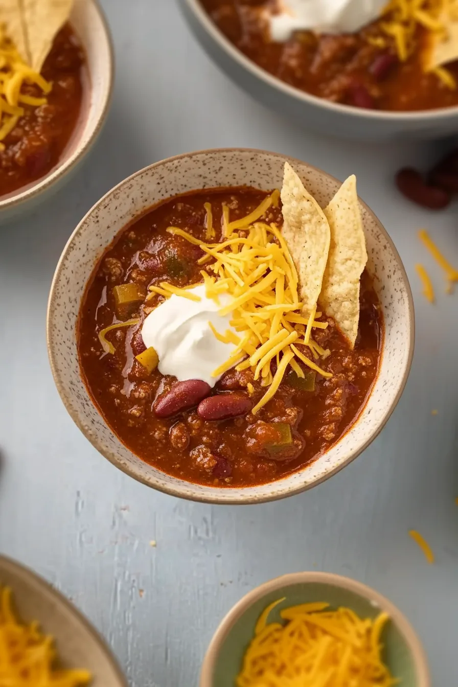 Bowl of thick chili with beans and ground meat, topped with melted cheese.