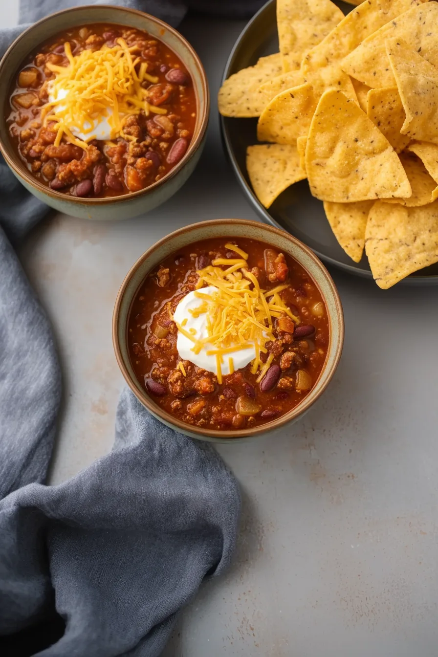 A hearty bowl of homemade chili topped with shredded cheese and fresh chopped onions.