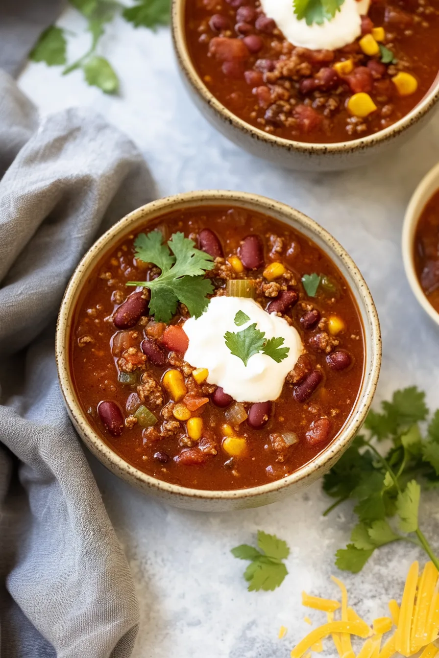 Grandma’s chili recipe served warm in a deep bowl, garnished with herbs.