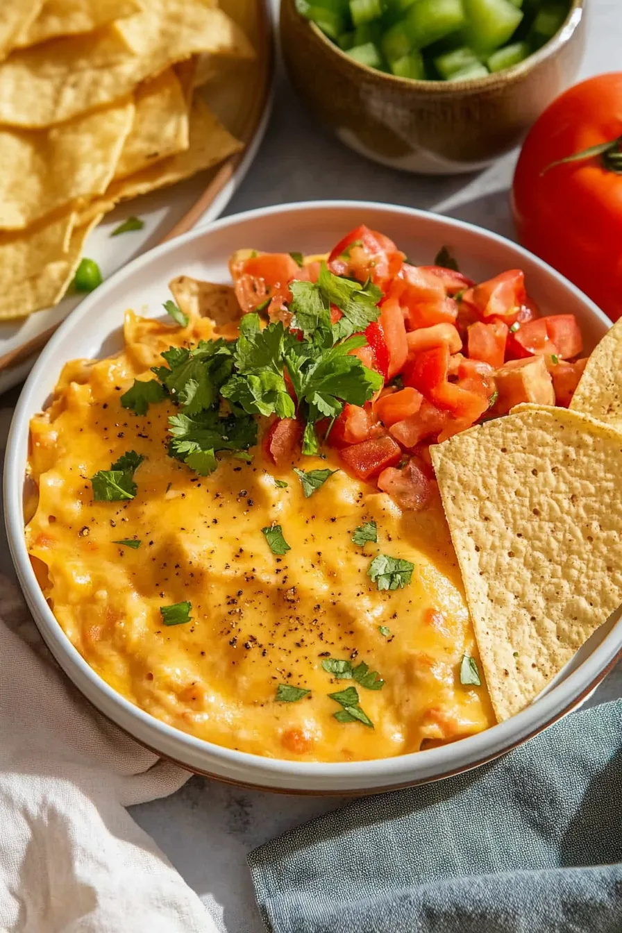 A creamy beef taco dip topped with tomatoes, avocado cubes, cilantro, and tortilla chips.