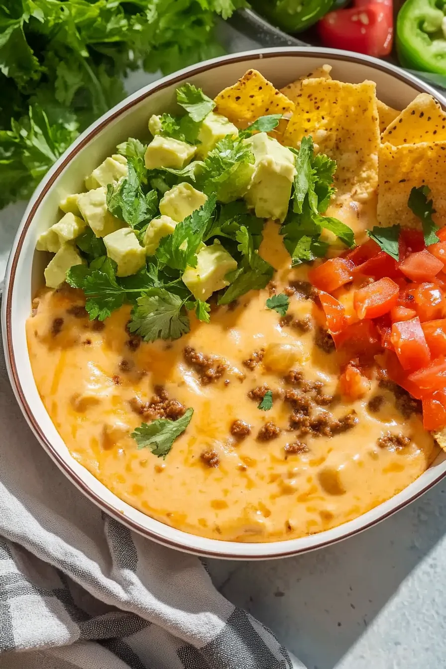Close-up of a warm, cheesy beef mixture served with fresh toppings and crunchy chips.