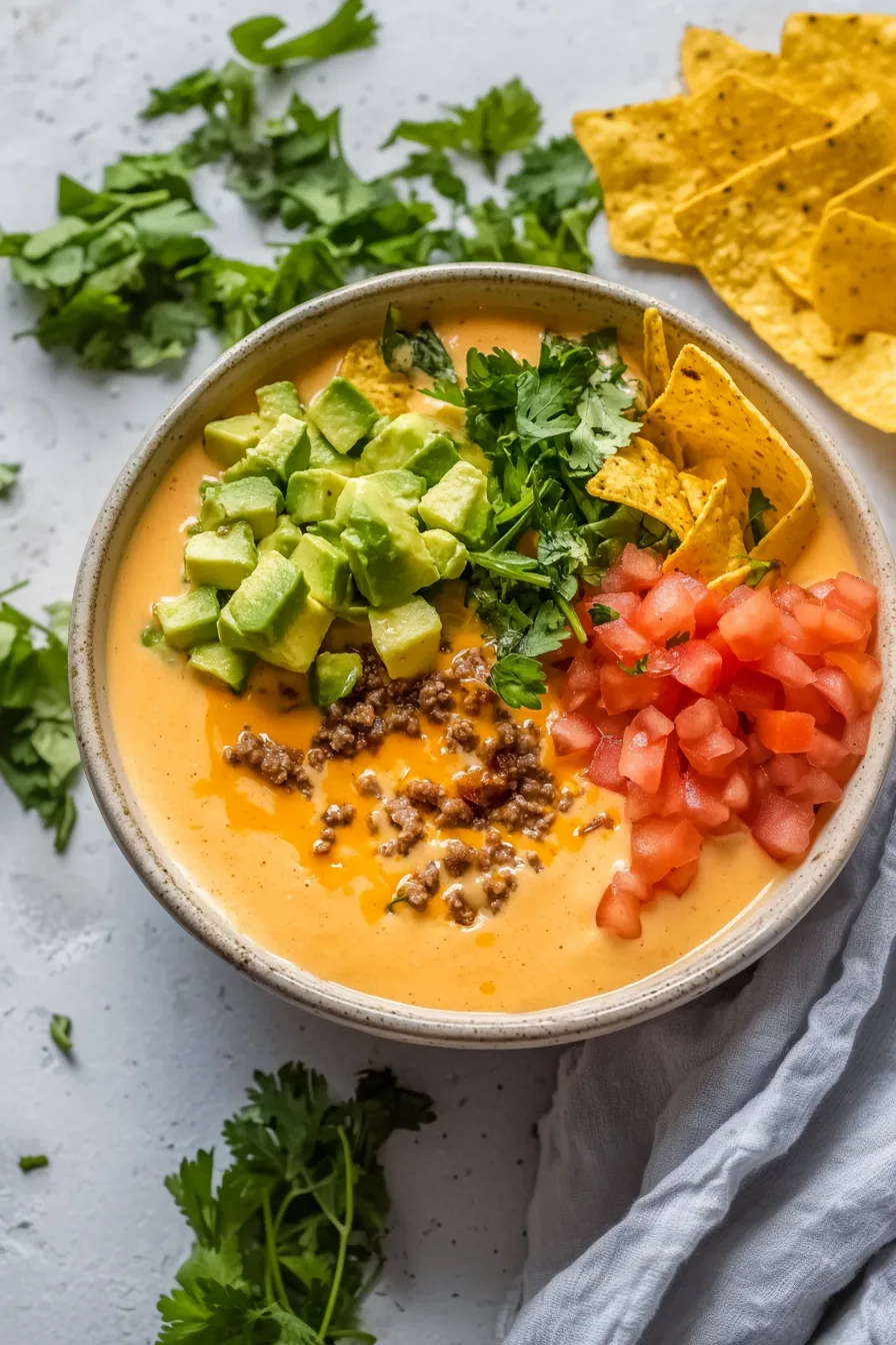 A bowl of rich, melted cheese and seasoned ground beef, finished with fresh veggies and herbs.