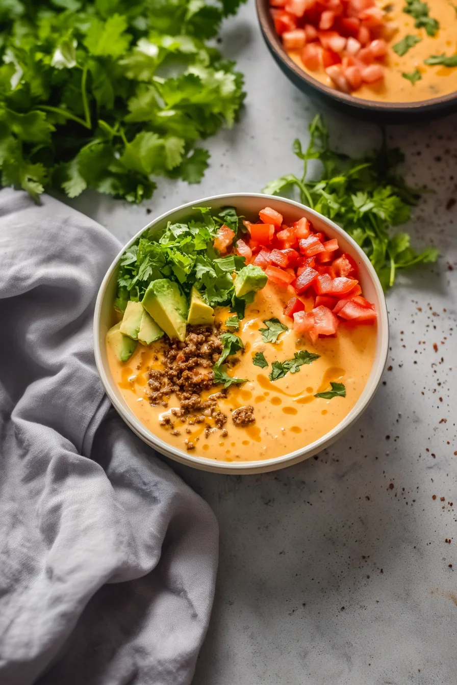 Creamy taco-style beef filling garnished with avocado, cilantro, and diced tomatoes