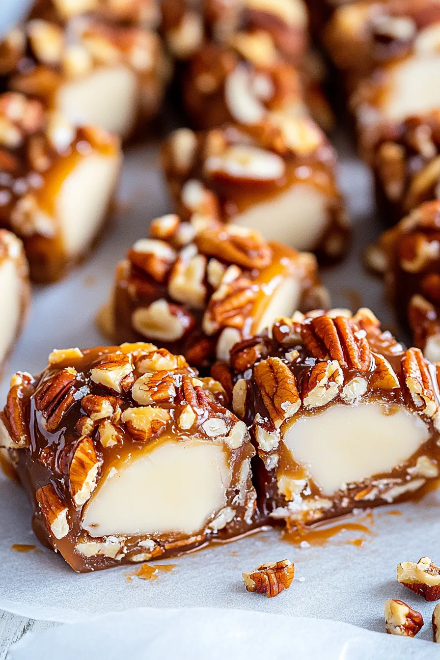Cut pieces of pecan-studded caramel candy revealing the soft, pale filling inside.