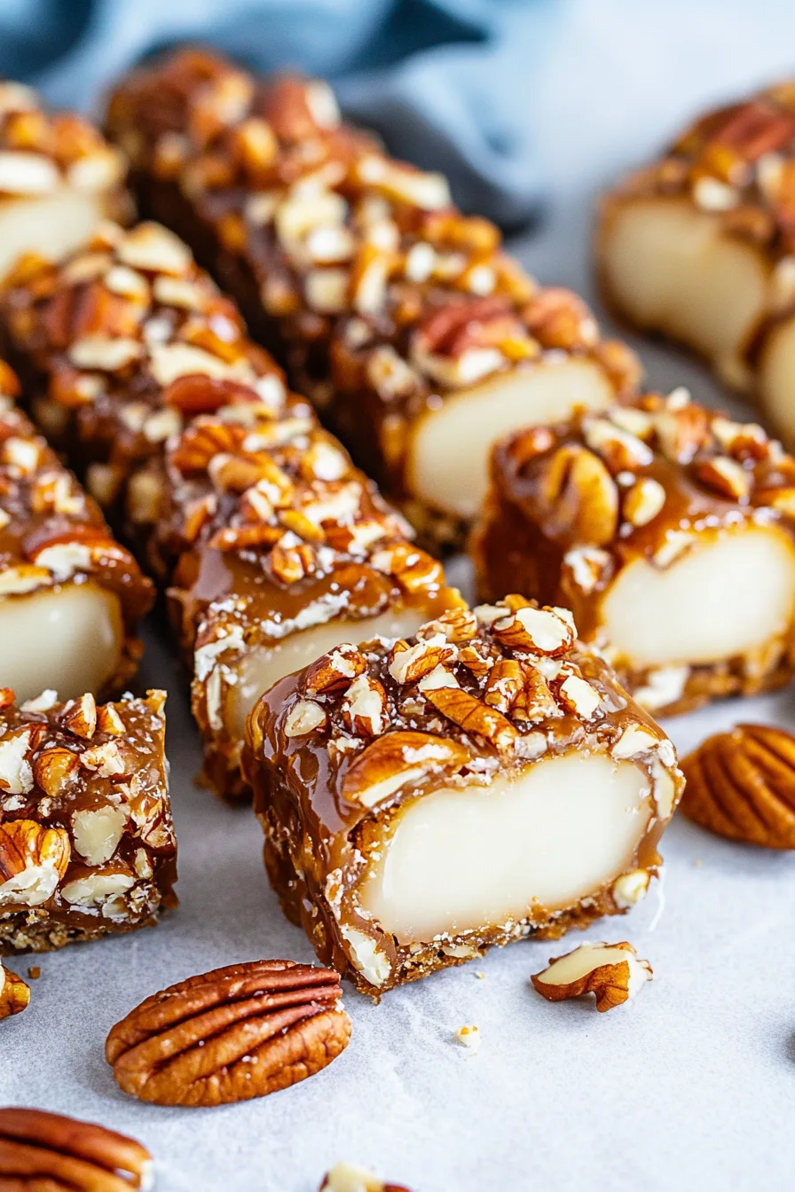 Rows of homemade nut-rolled caramel logs displayed as finished holiday treats.