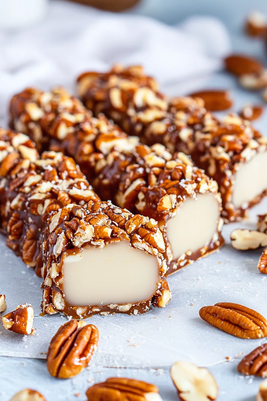 Close-up of sliced caramel-coated pecan logs showing the creamy center and crunchy nut coating