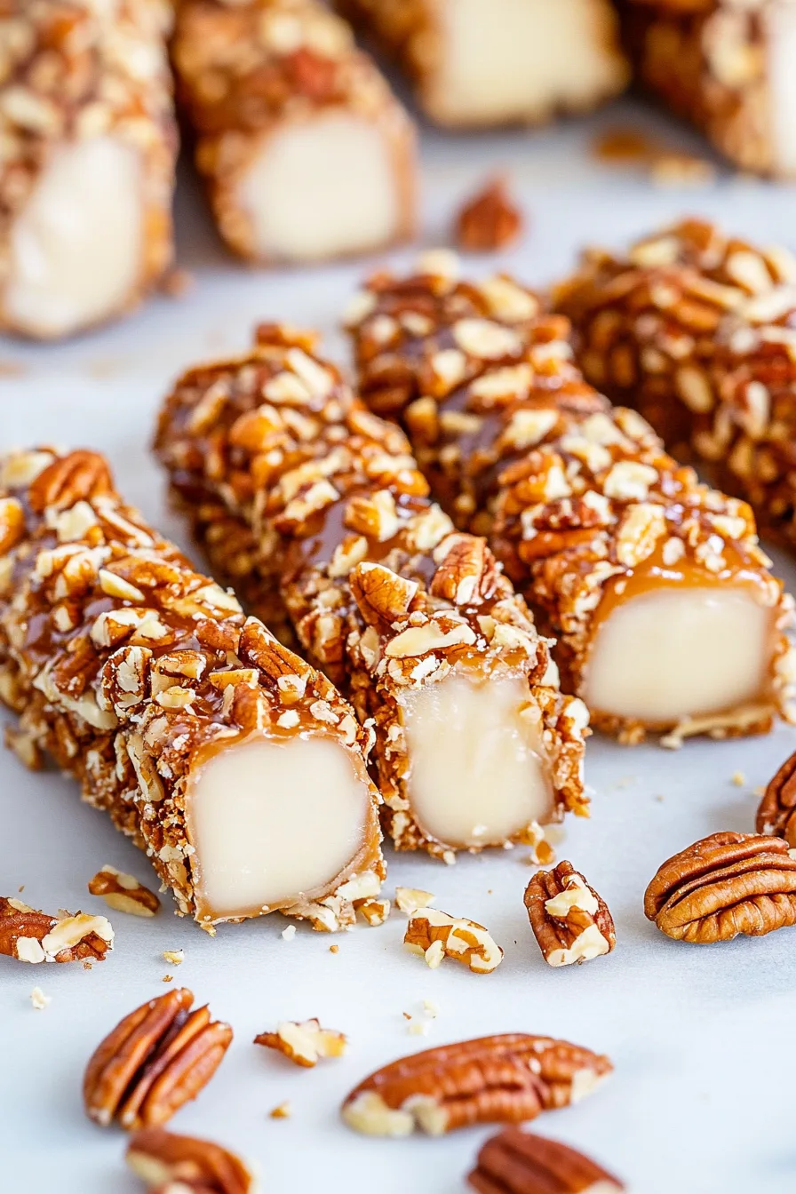 Caramel pecan logs arranged on parchment paper with chopped pecans scattered around.