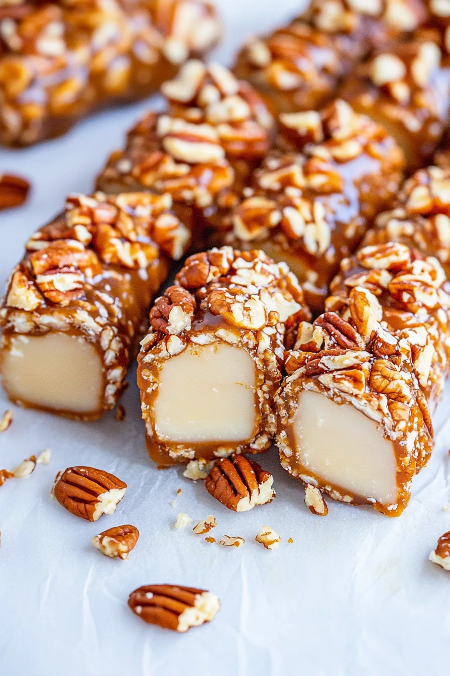 Cut pieces of chewy caramel-coated treats with nuts scattered around.