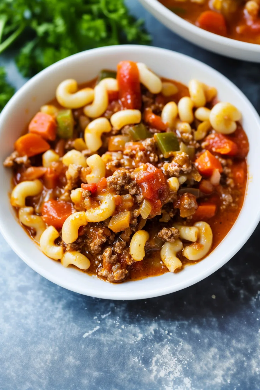 Bowl of macaroni mixed with a hearty tomato-based meat sauce and tender vegetables.