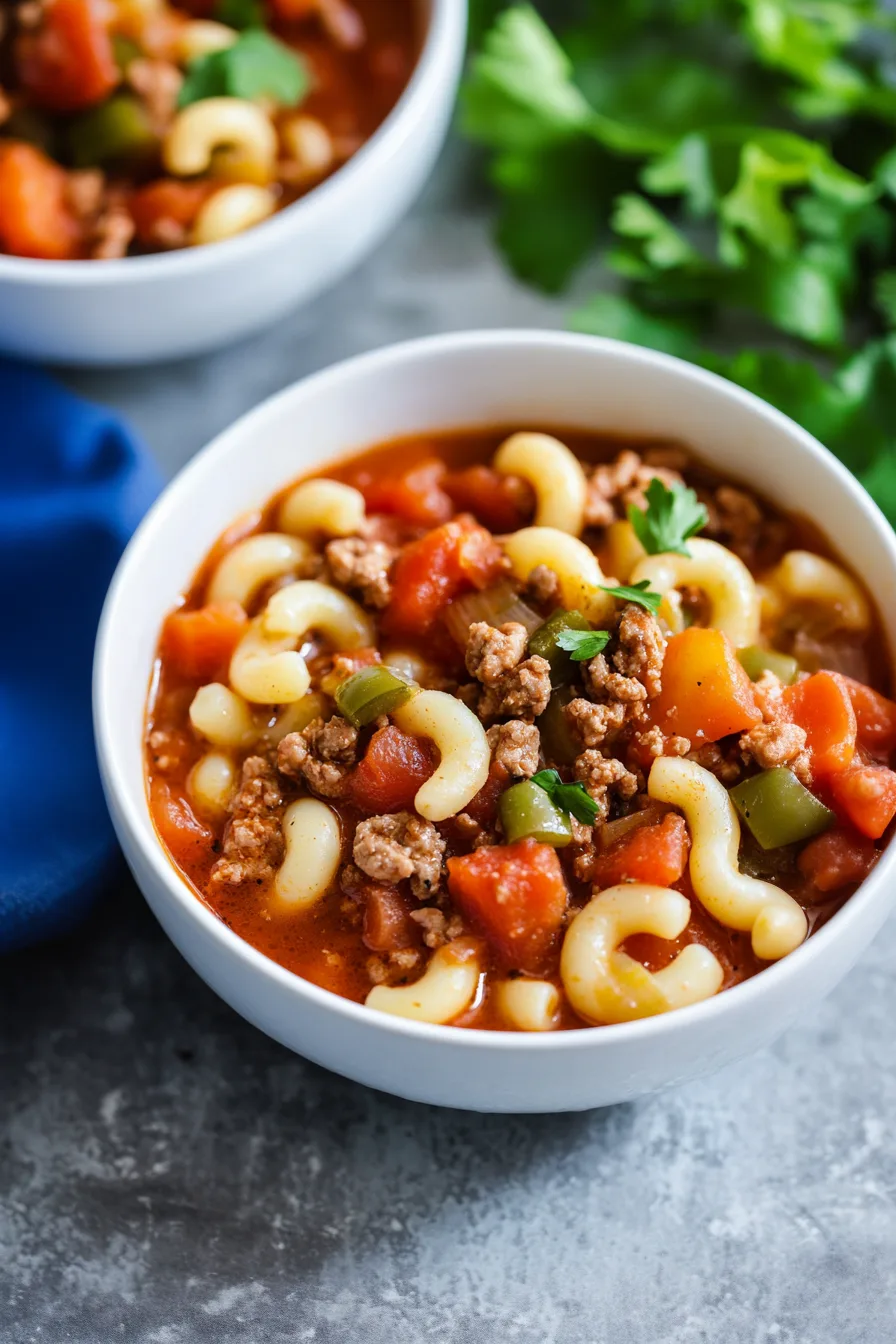 Warm, comforting pasta dish filled with ground meat, peppers, tomatoes, and carrots.