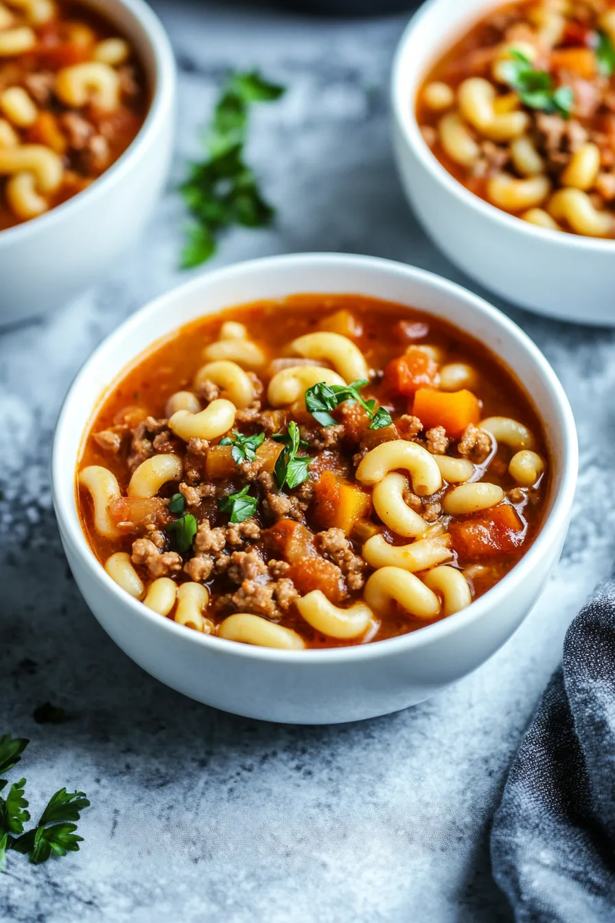 Overhead view of saucy macaroni combined with beef and colorful cooked vegetables.