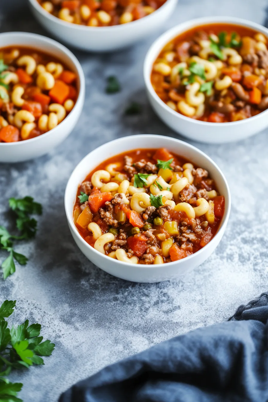 Hearty pasta and meat dish served in a white bowl with visible vegetables throughout.