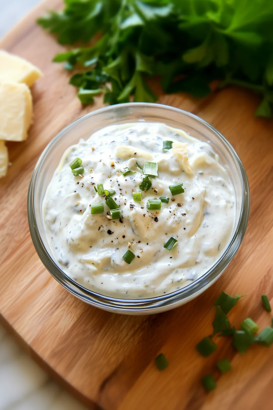 Creamy sauce with specks of seasoning and soft cheese crumbles mixed throughout.