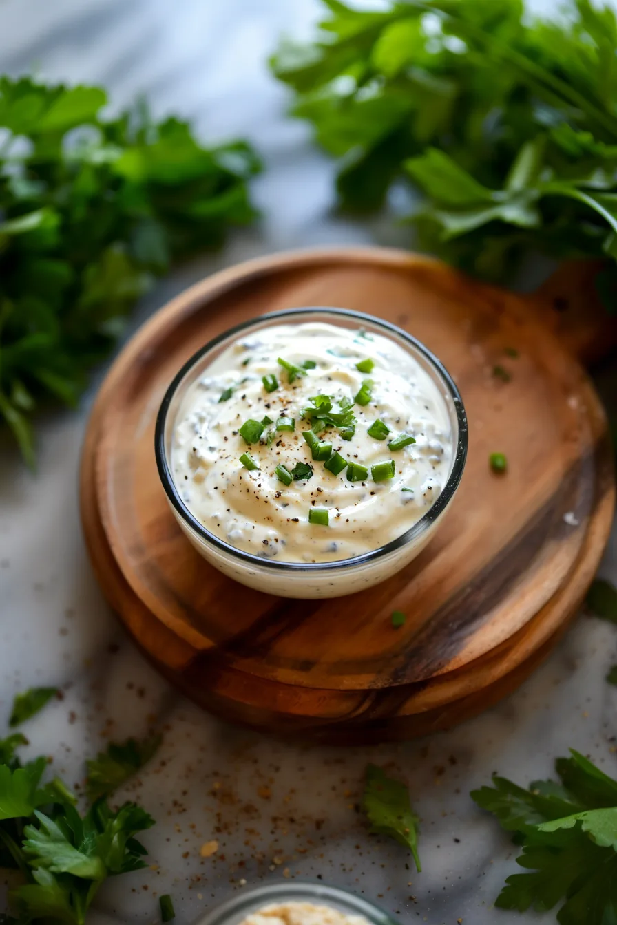 A smooth, rich dip in a small clear bowl on a wooden board, garnished with fresh herbs.