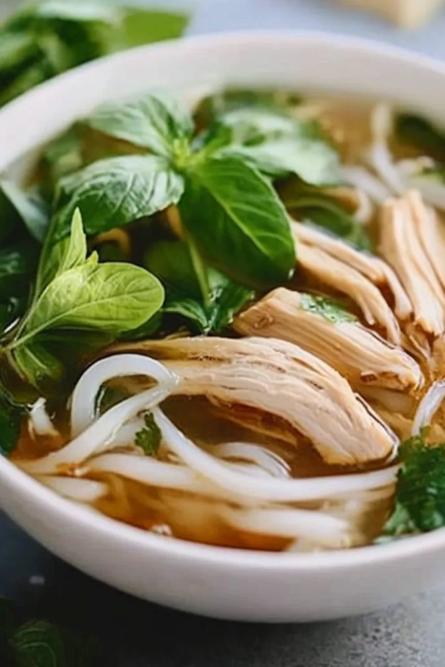 Close-up of a warm noodle soup topped with greens, onions, and tender chicken pieces.