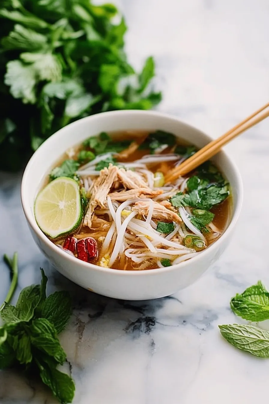 Bowl of steaming broth with sliced chicken, rice noodles, and fresh herbs.