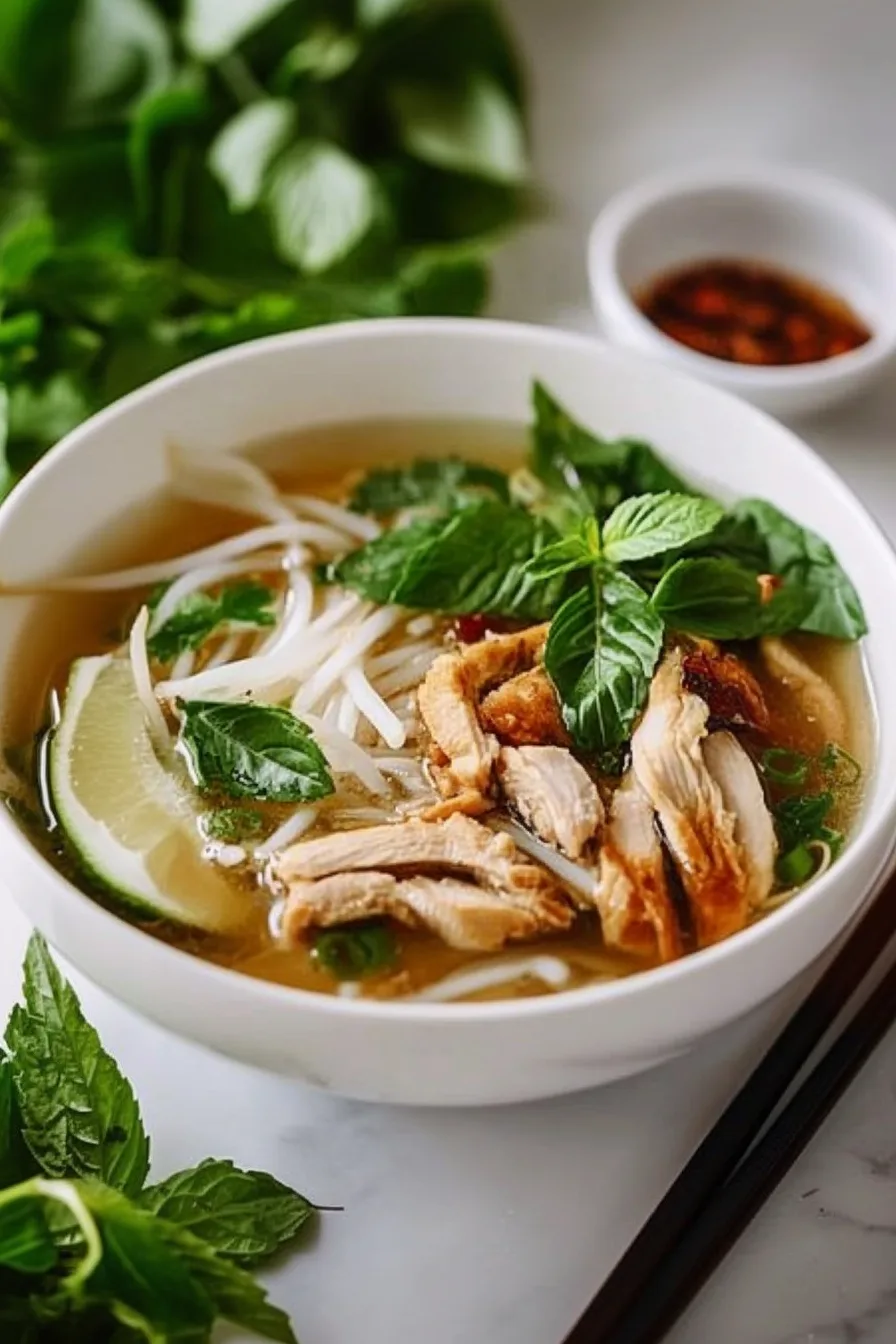 Soup bowl filled with noodles, clear broth, and a mix of herbs and garnishes.