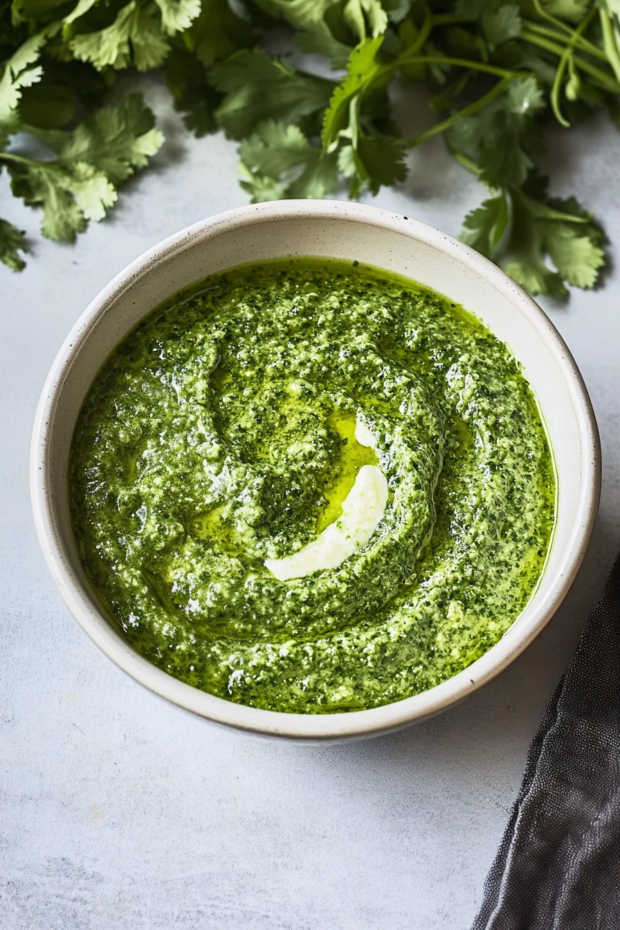 A bowl filled with bright green, freshly blended herb sauce with a swirl of olive oil on top.