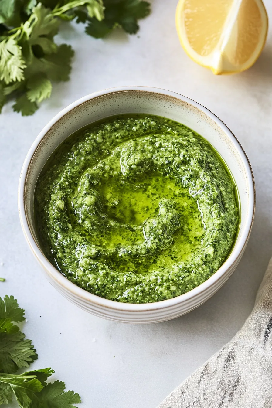 Smooth, thick green sauce with visible herb texture, garnished lightly with oil.