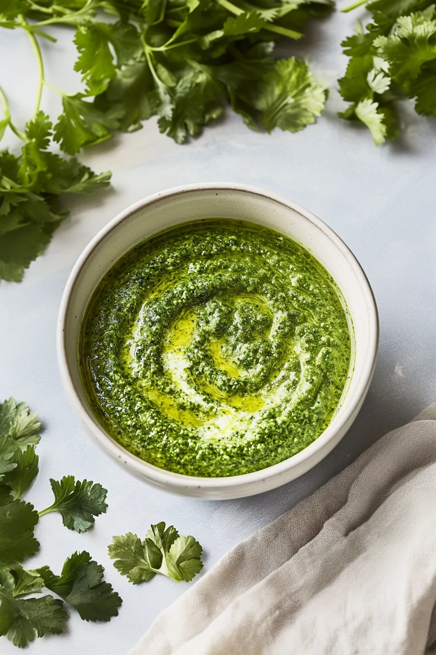 Overhead shot of a fresh green herb spread in a bowl, placed beside lemon and cilantro.