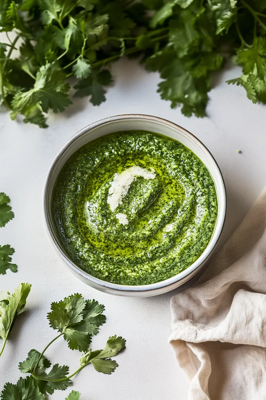 Creamy, vibrant green sauce with a rustic texture, ready for serving.