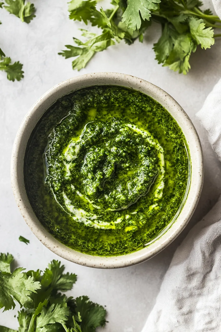 Close-up view of a vibrant green pesto-style sauce in a ceramic bowl.