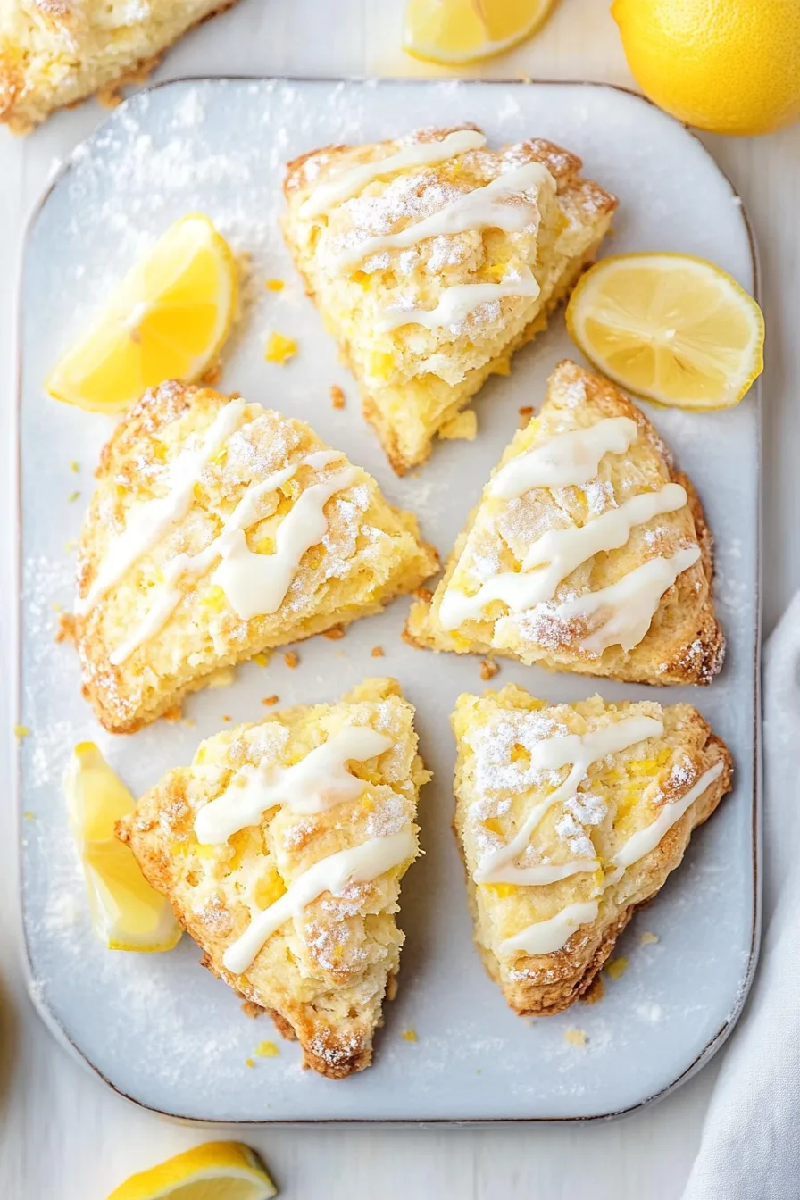 Homemade lemon scones with a glossy glaze and powdered sugar dusting.