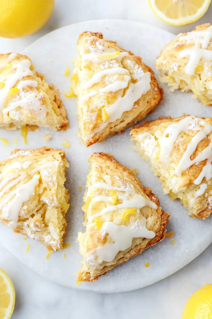 Golden, flaky scone with a light lemon icing and powdered sugar topping.