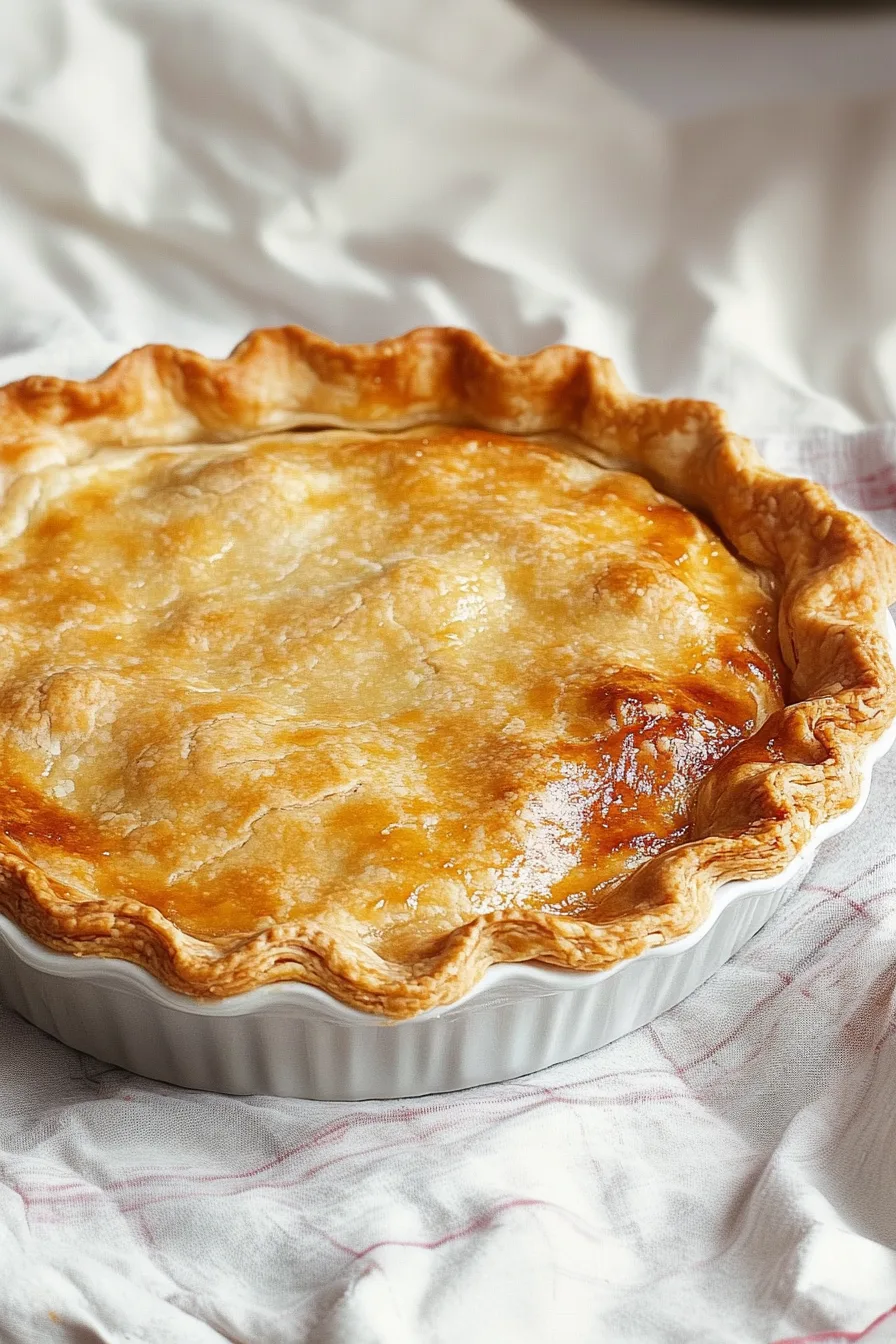 Golden, flaky pie crust fresh from the oven in a white pie dish.