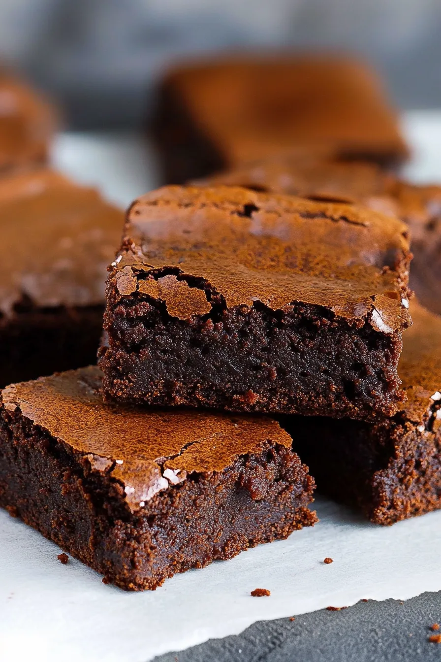 Freshly baked brownies cooling on parchment paper with crisp edges.