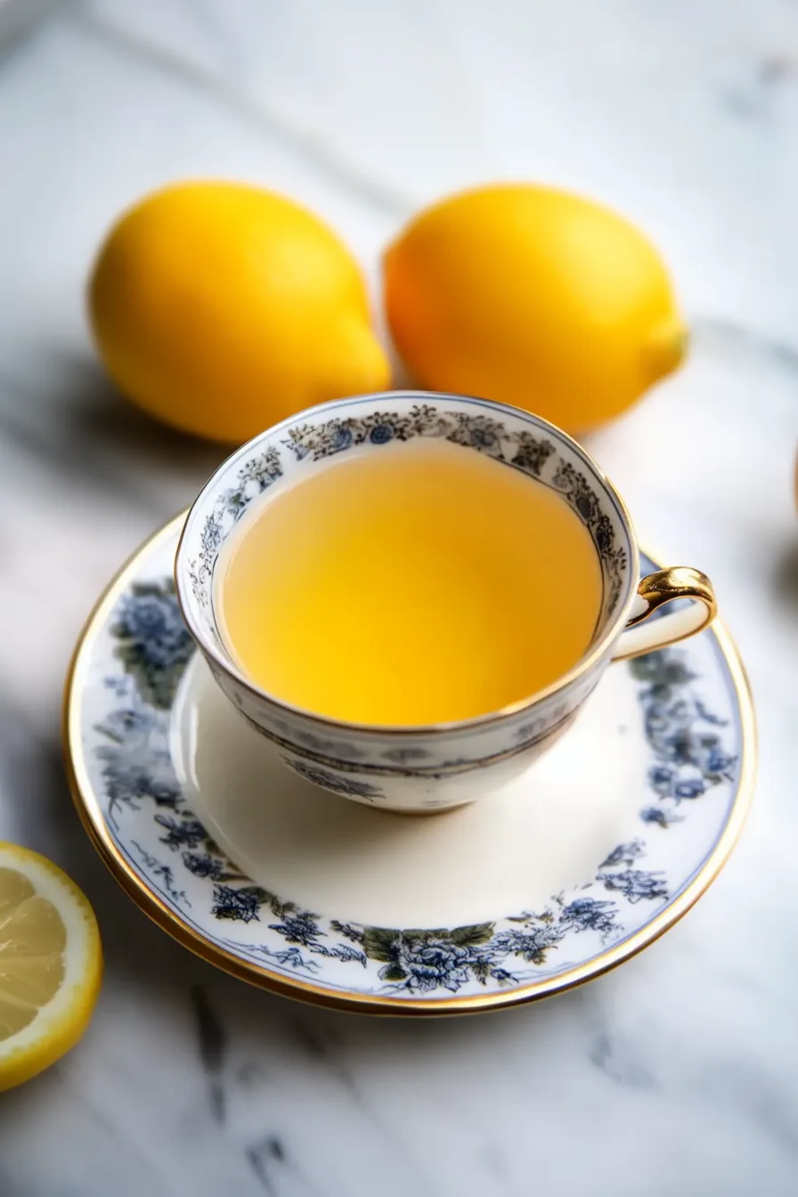 A warm cup of tea with lemon slices and a drizzle of honey on top.