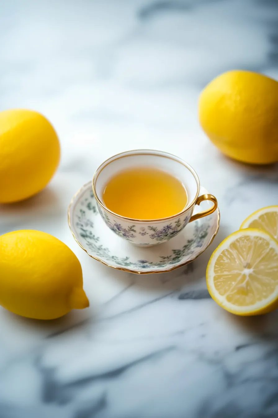 A cozy tabletop scene featuring a mug of homemade honey lemon tea.